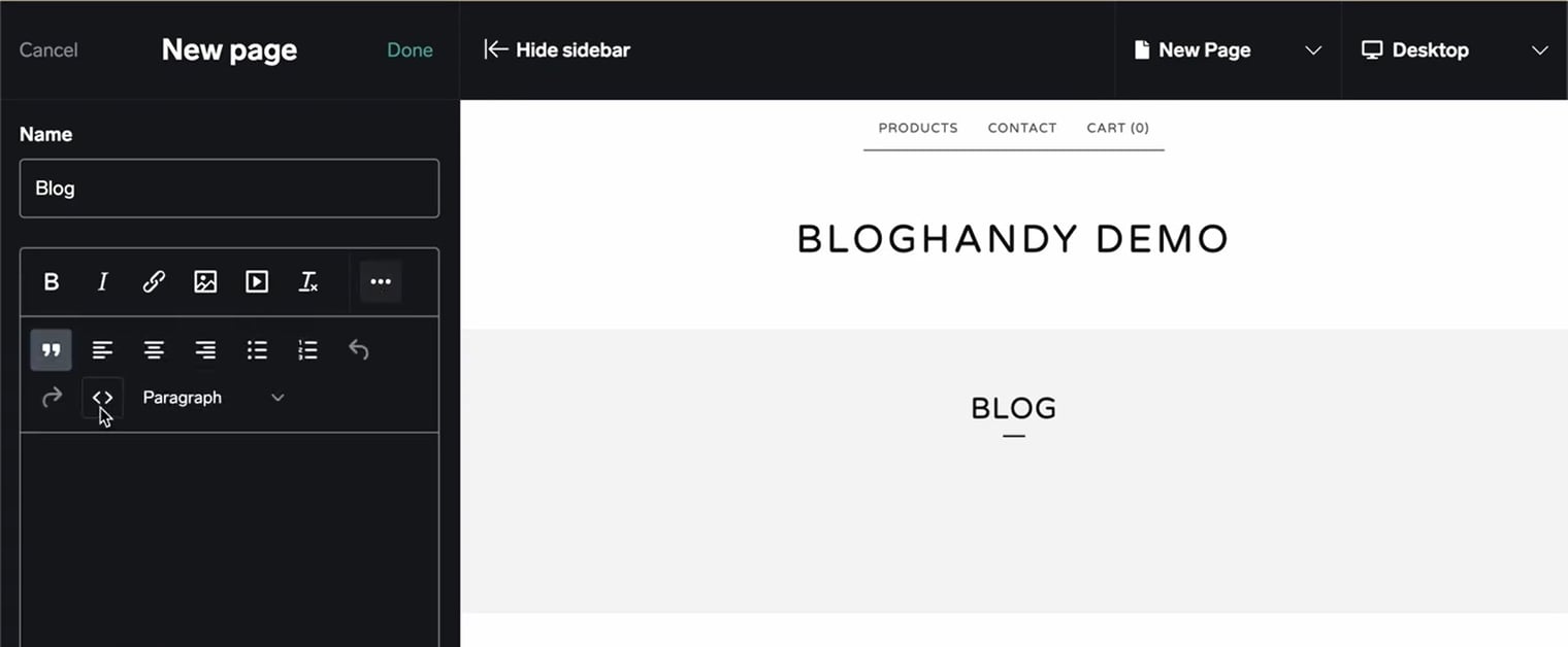 #6 how to embed a bloghandy code on bigcartel website