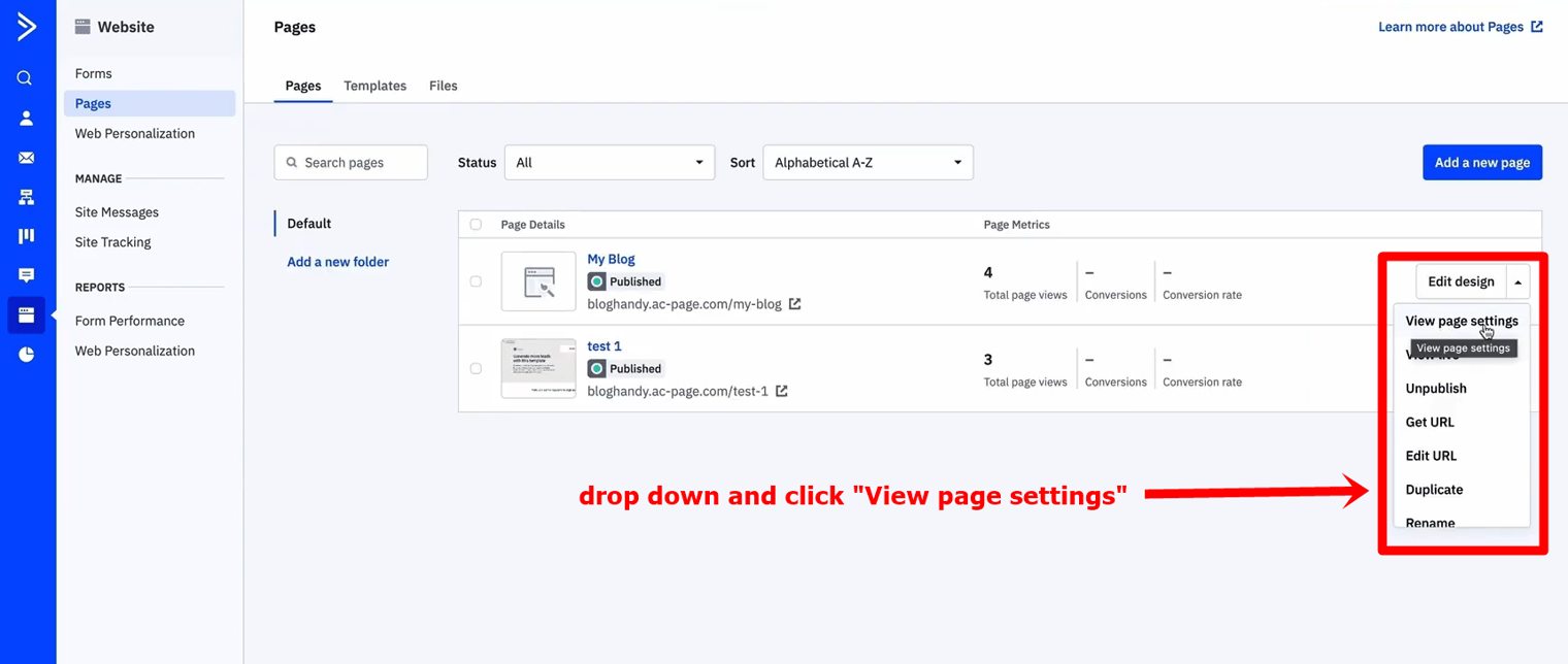 17 view page settings on active campaign
