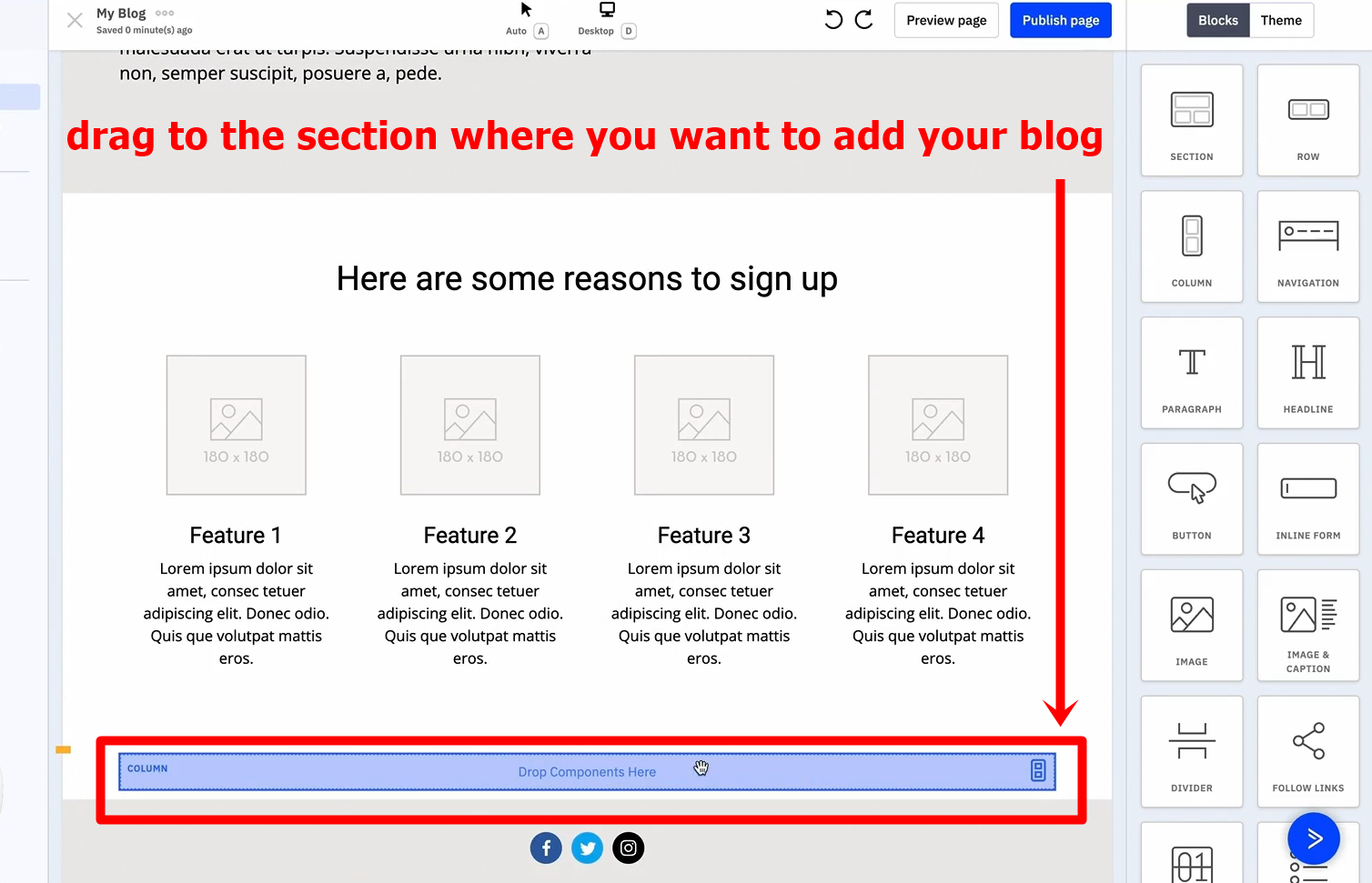 7 drag the section to where you want to add your blog