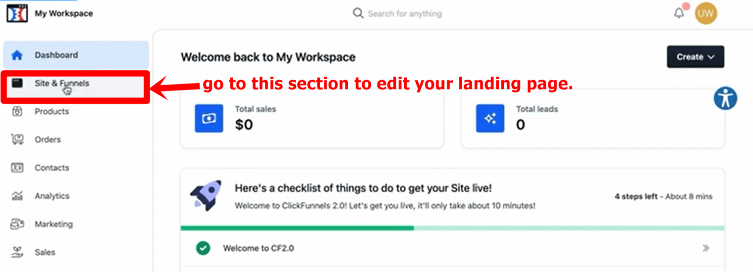 #2 go to sites and funnels section on clickfunnels