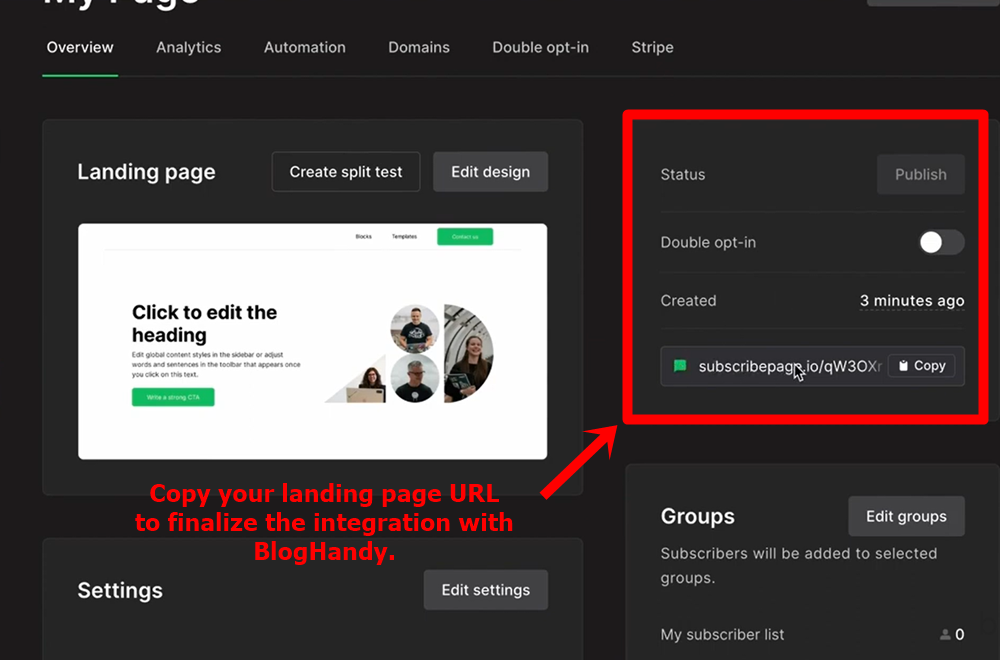 13 - copy your mailerlite landing page url