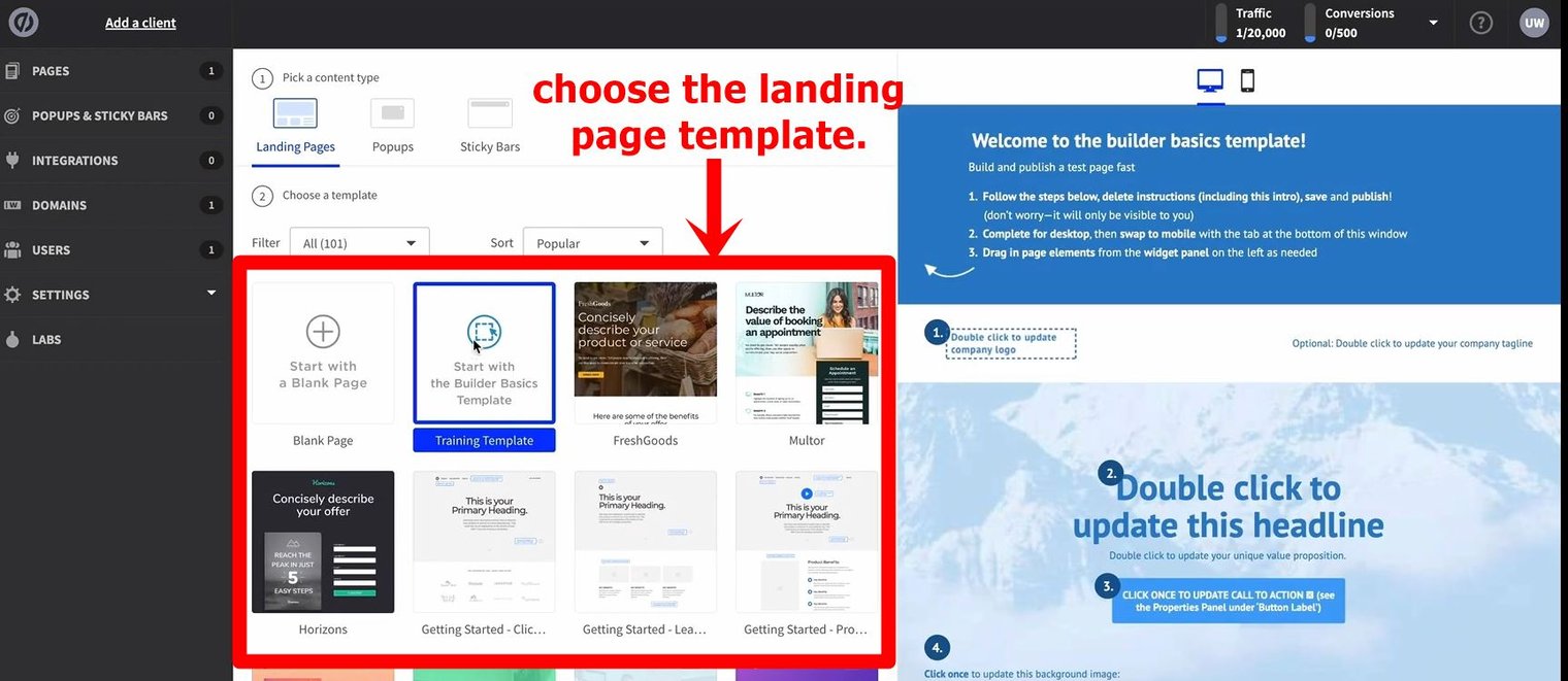 5 choose the landing page template on unbounce
