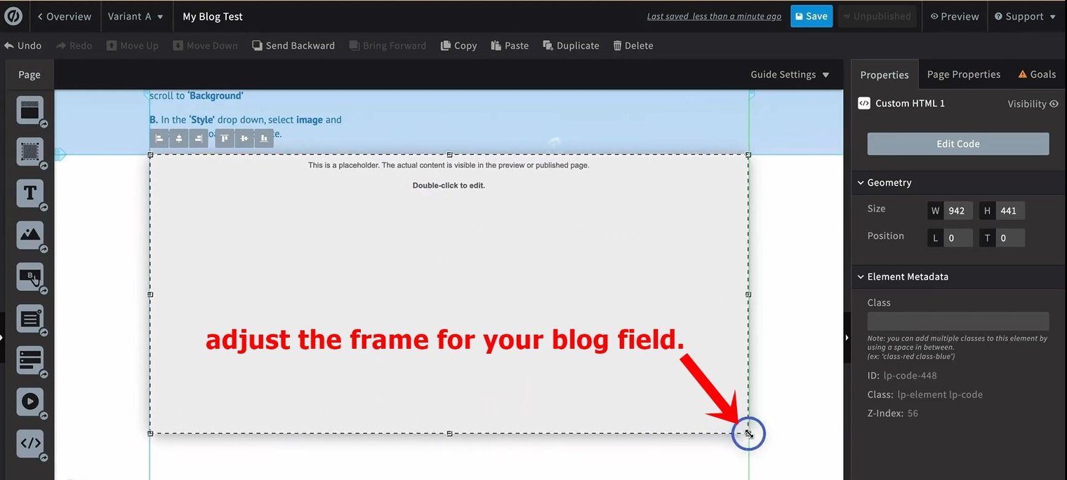 8 adjust the frame for your blog field on unbounce landing page