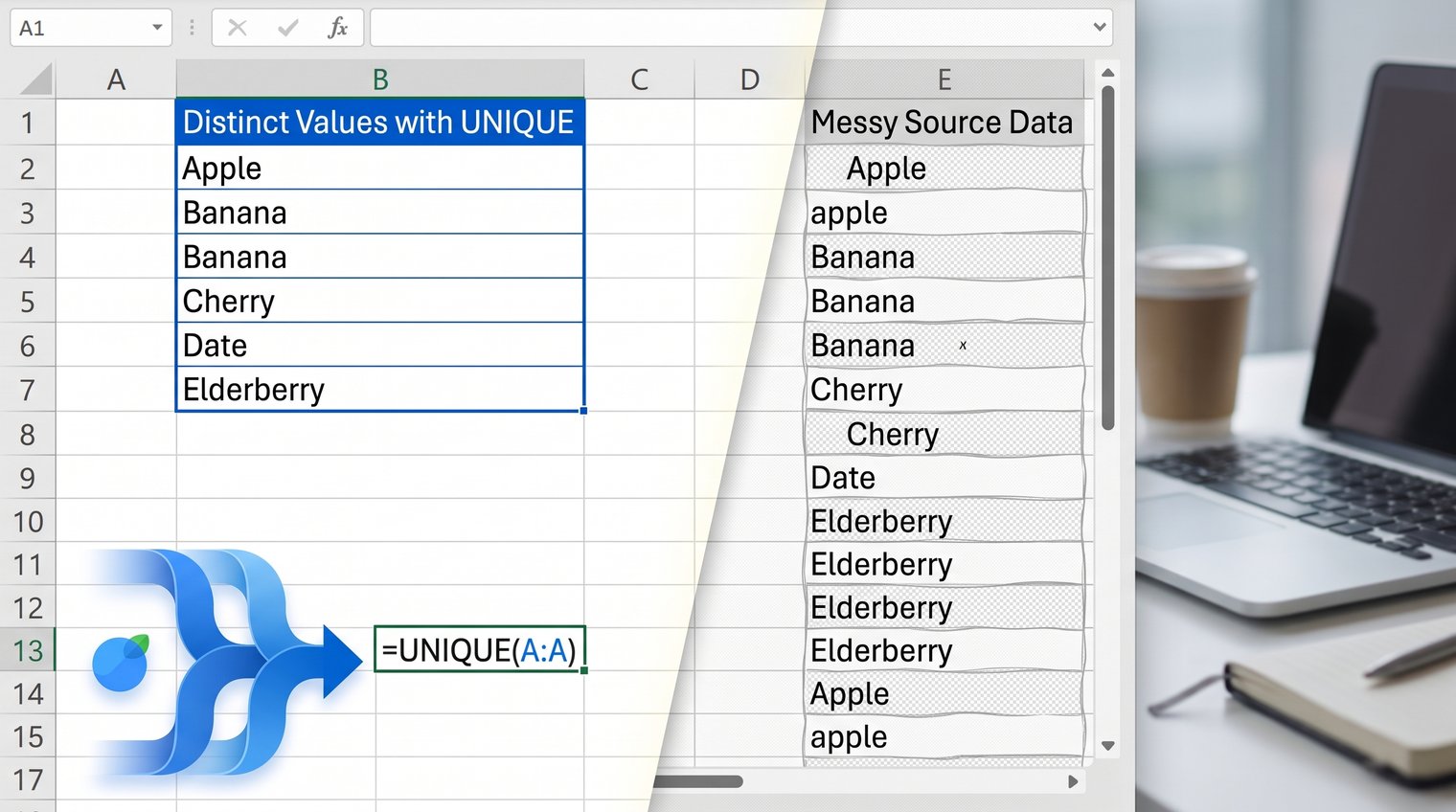 A clean Excel worksheet beside a messy source column with duplicate-looking values caused by extra spaces and inconsistent formatting, realistic spreadsheet workspace