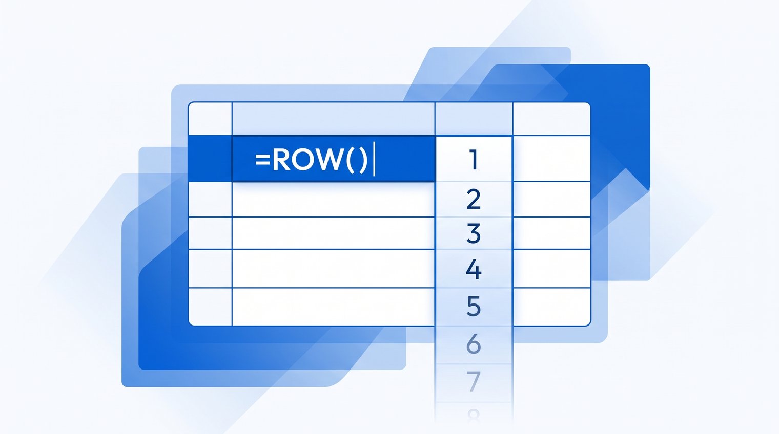 A clean Google Sheets worksheet with a highlighted cell showing =ROW() and an adjacent column of automatically generated row numbers