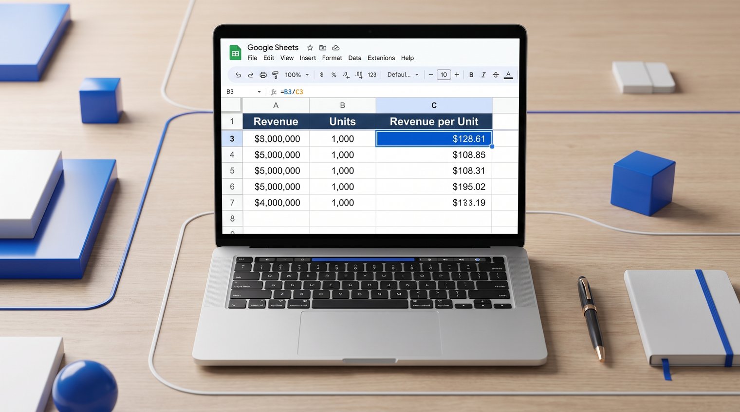 Google Sheets-style Revenue, Units, and Revenue per Unit table with a division formula cell highlighted for filling the calculation down