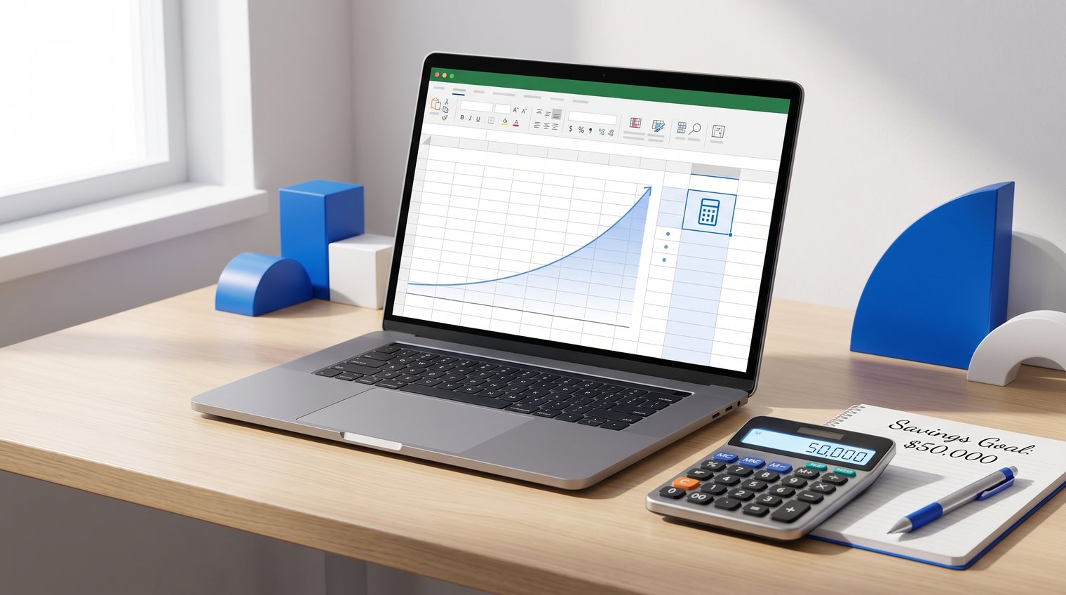 A clean, realistic spreadsheet planning scene with a savings goal, calculator, and a subtle upward growth chart on a laptop screen; no readable brand UI or text