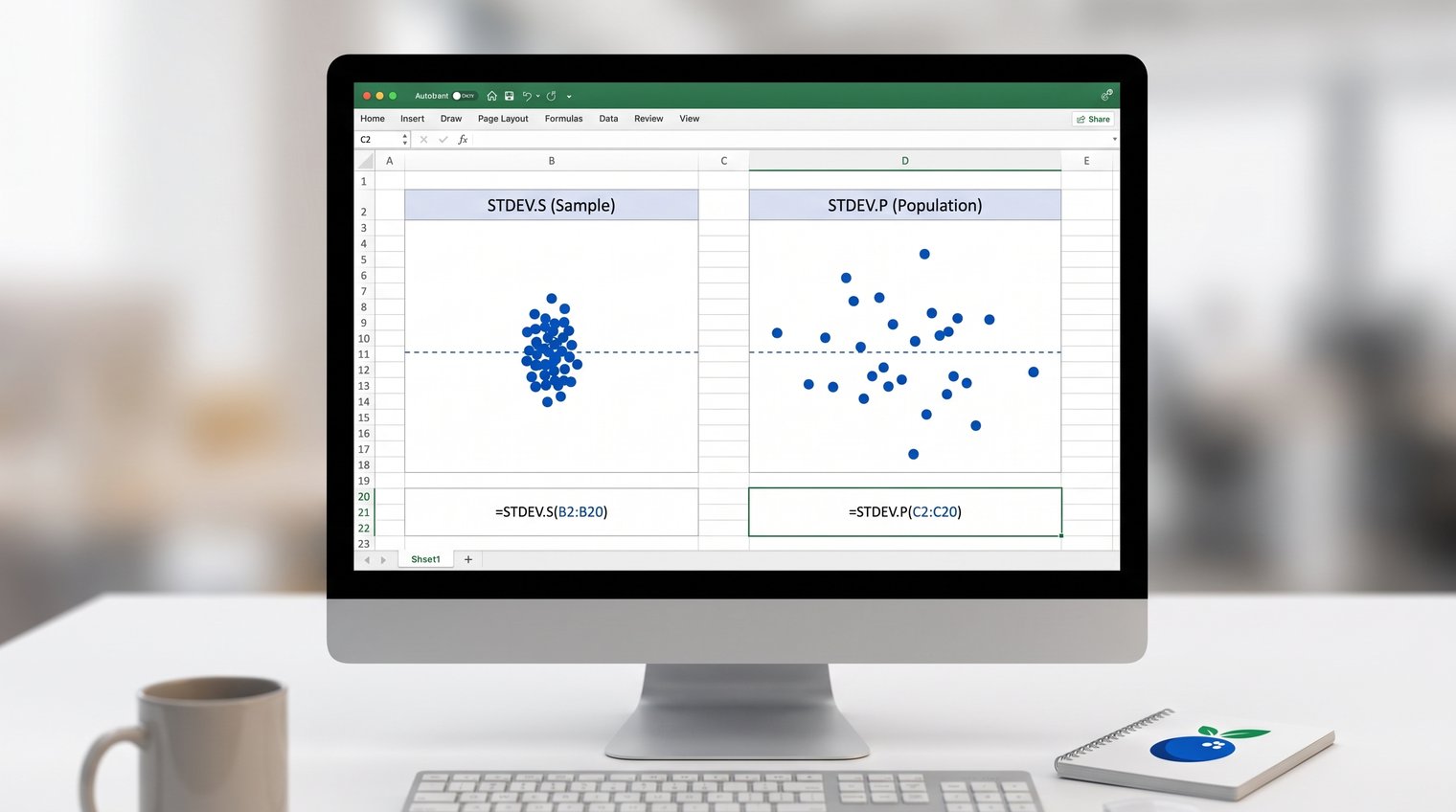 A clean spreadsheet-style visualization showing two small sets of dots around the same average, one tightly clustered and one widely spread, with a subtle Excel worksheet context
