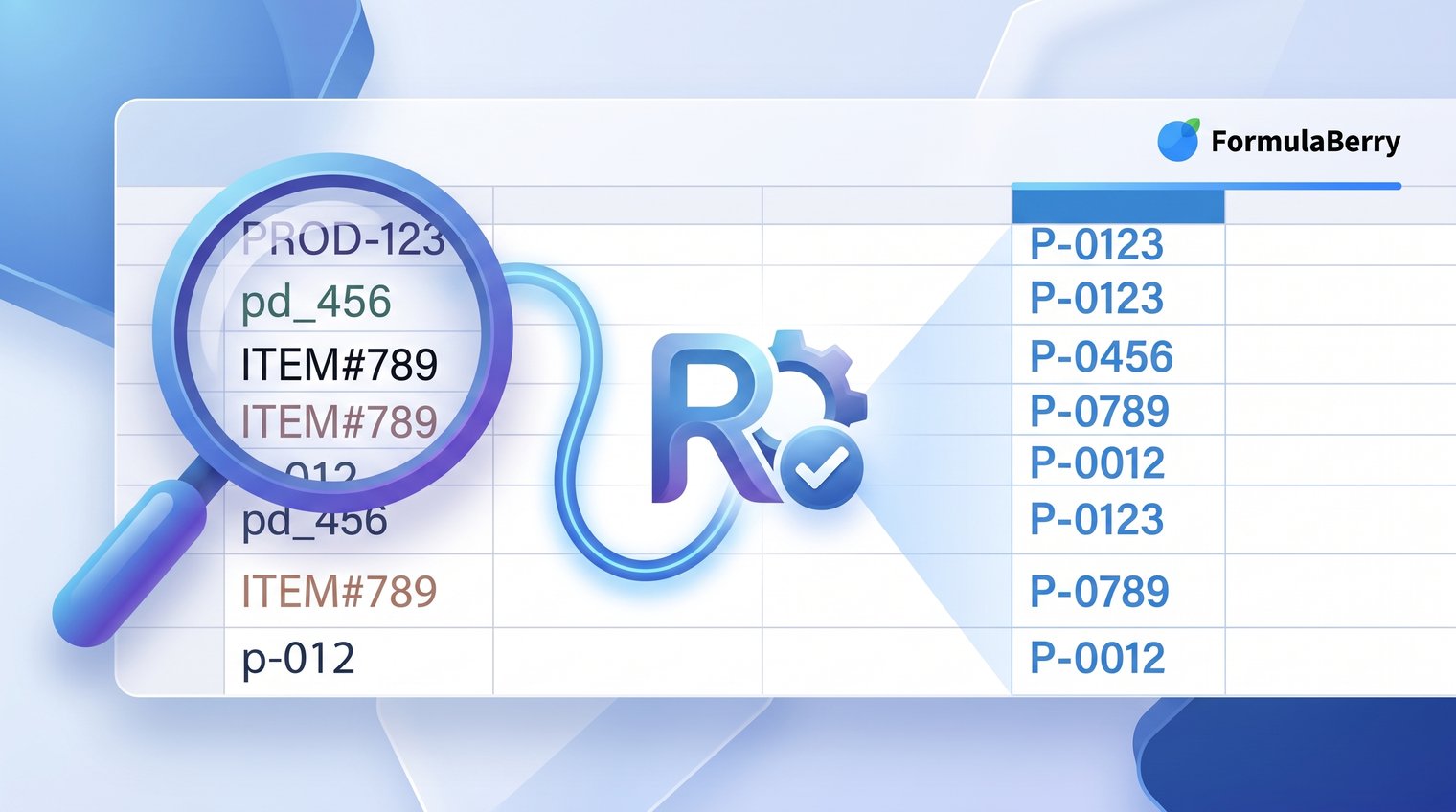 A clean spreadsheet workspace with a column of inconsistent product codes being standardized into a matching format, realistic editorial illustration, no legible UI text