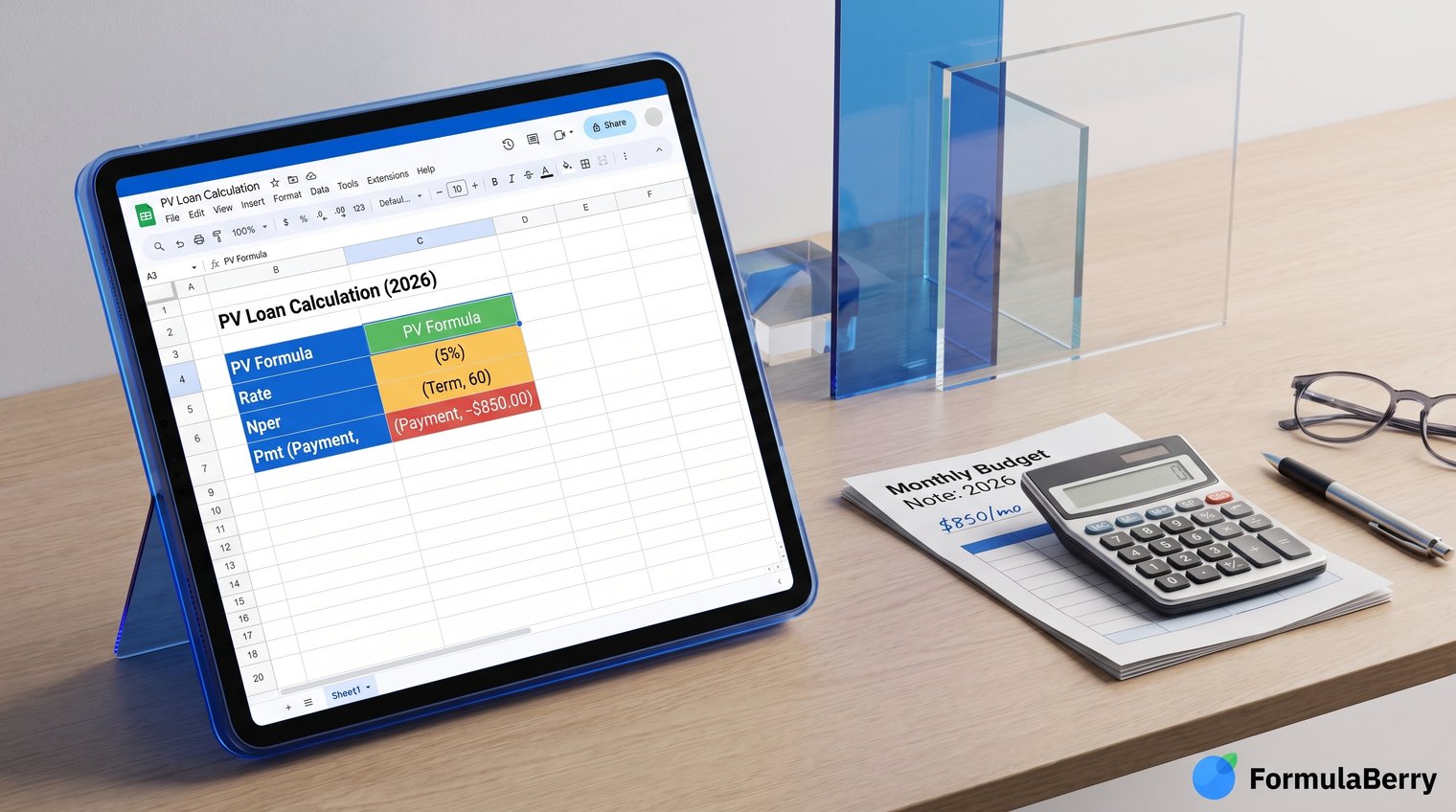 A clean spreadsheet workspace beside a simple loan-planning scene, with a monthly budget note, calculator, and subtle visual emphasis on payment, rate, and term fields