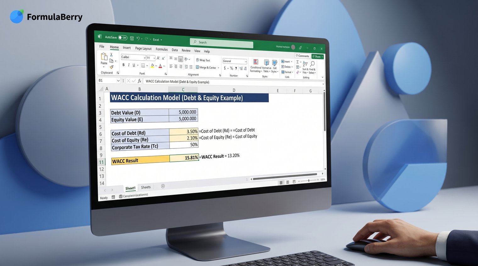 A finance analyst reviewing a clean Excel WACC worksheet with labeled debt, equity, tax, and discount-rate inputs