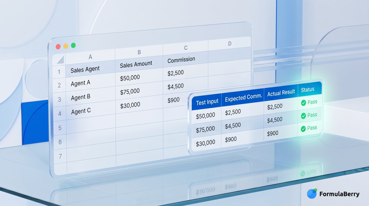 A sales commission spreadsheet with a small adjacent validation table showing test inputs, expected commission, actual result, and pass/fail indicators
