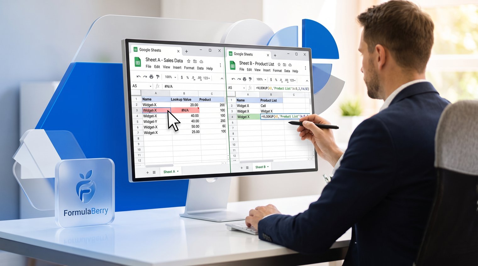 A spreadsheet analyst comparing two adjacent Google Sheets tables, highlighting a mismatched lookup value and a corrected formula cell, clean realistic editorial style