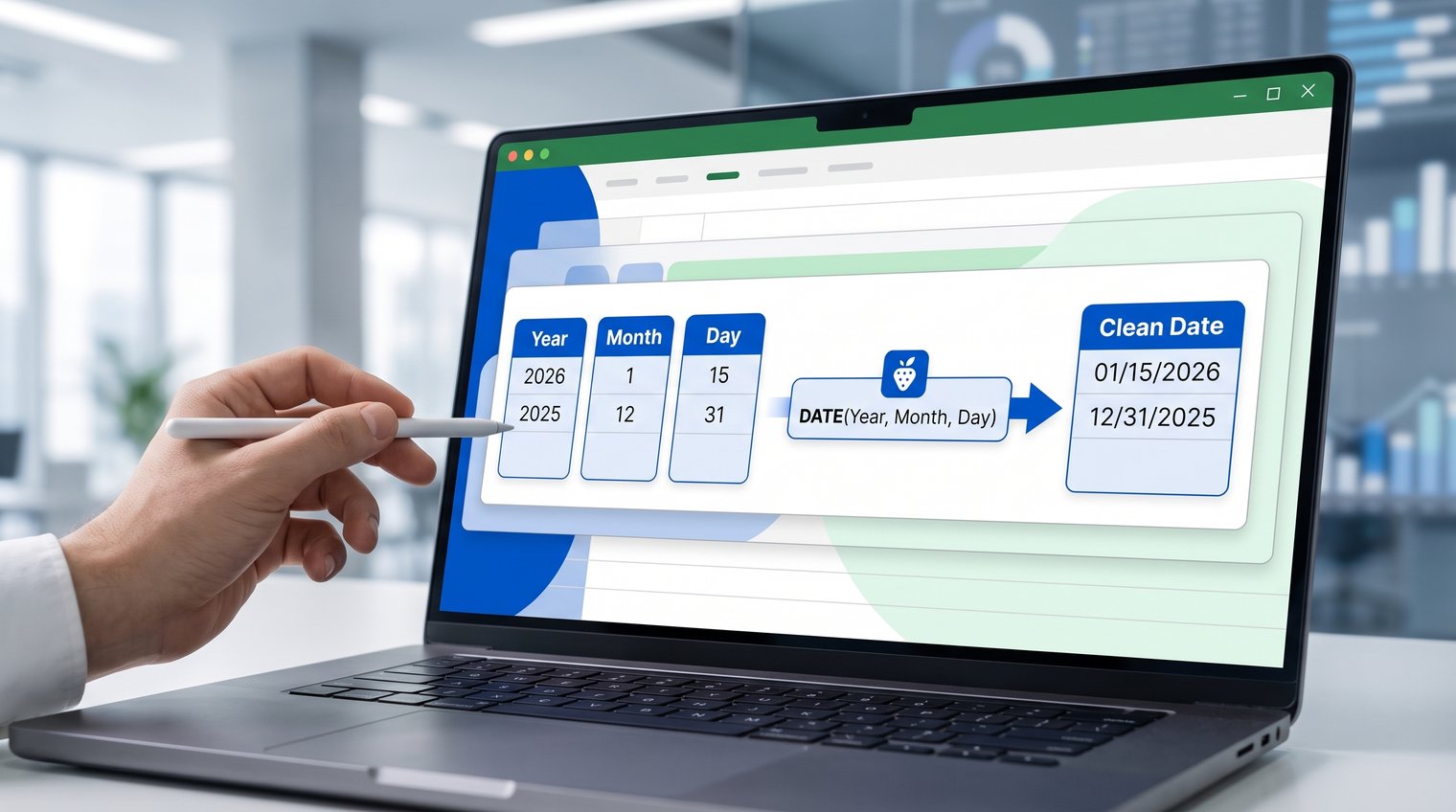 A spreadsheet calendar workflow with separate year, month, and day columns being combined into a clean date column, realistic office-dashboard style