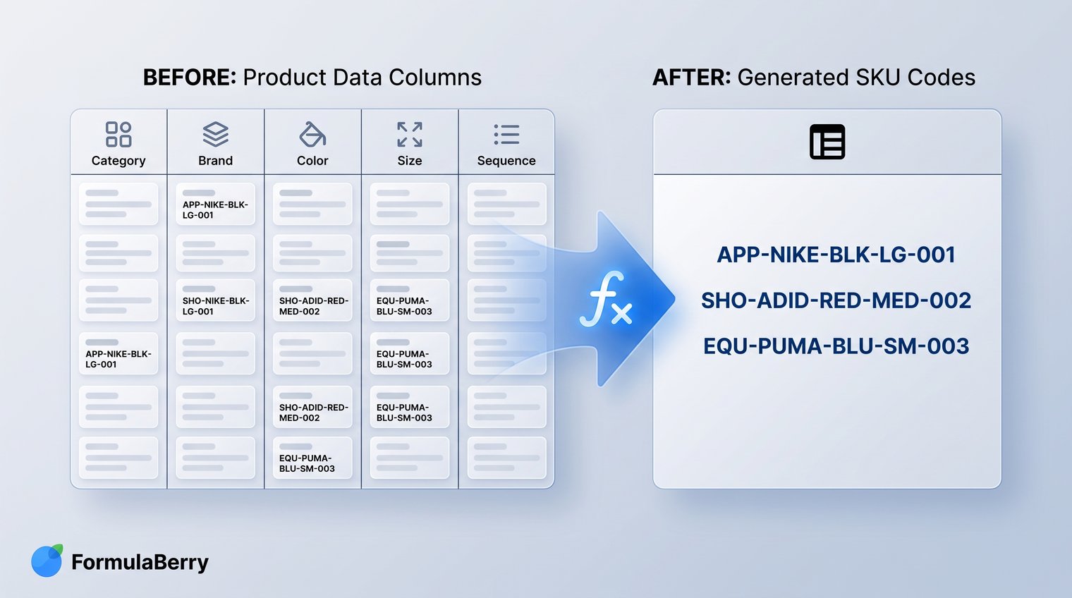A spreadsheet product catalog transforming separate columns for category, brand, color, size, and sequence into clean hyphenated SKU codes, with a clear before-and-after layout