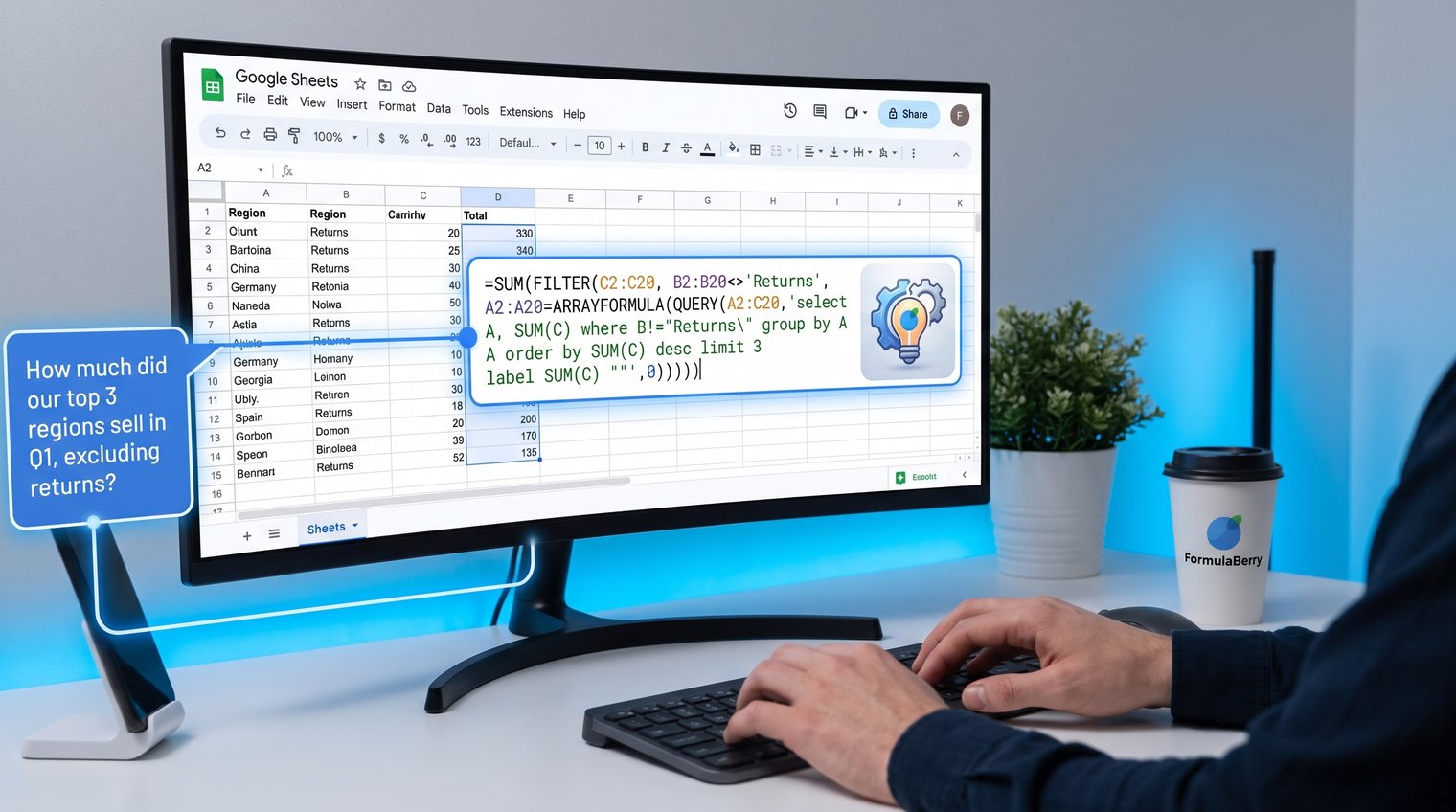 A spreadsheet user translating a plain-English business question into a clear formula request beside a Google Sheets-style table