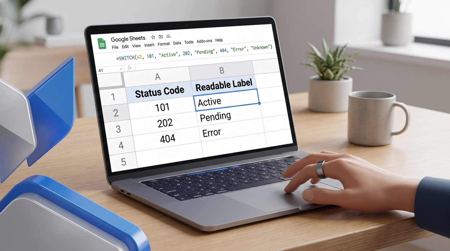 Close-up editorial illustration of a Google Sheets-style table with status codes in one column and readable labels generated in the next, clean desk context