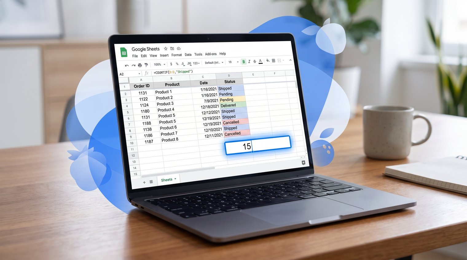 Close-up overhead view of a spreadsheet tracking orders, with status labels and a highlighted COUNTIF result cell; clean realistic office setting, no readable brand UI