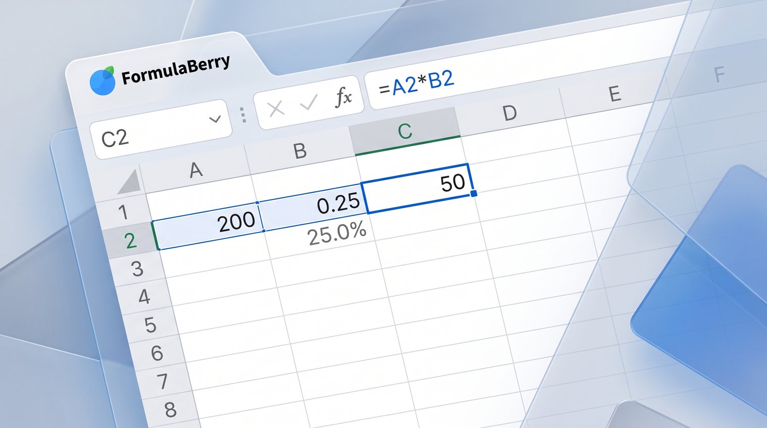 Close-up spreadsheet showing a percentage-formatted cell, a decimal value, and a simple calculation such as =A2*B2