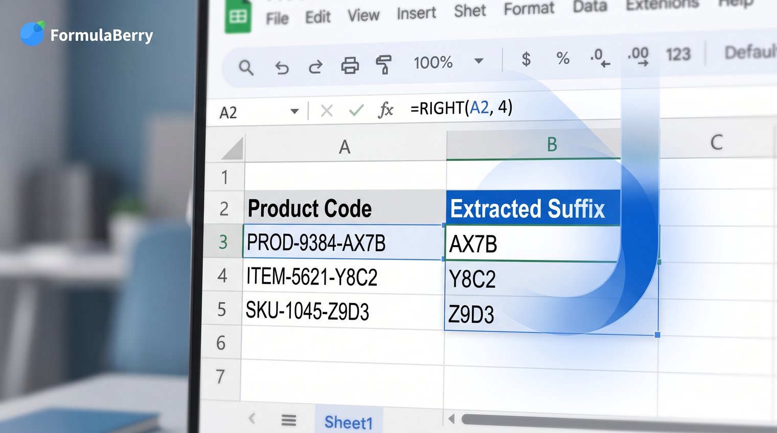 Close-up spreadsheet view showing product codes and a RIGHT formula extracting the final four characters into a clean results column