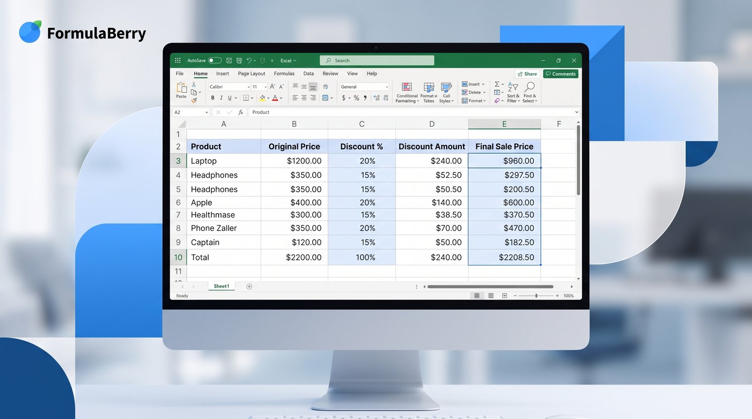 Retail pricing spreadsheet with original price, discount percentage, discount amount, and final sale price columns