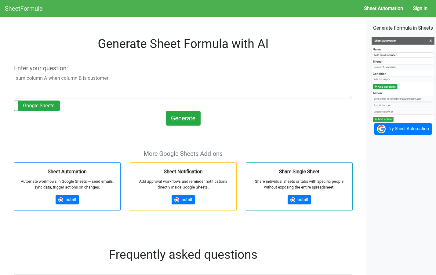Sheetformula: Google Sheets formula generation interface or workflow explanation