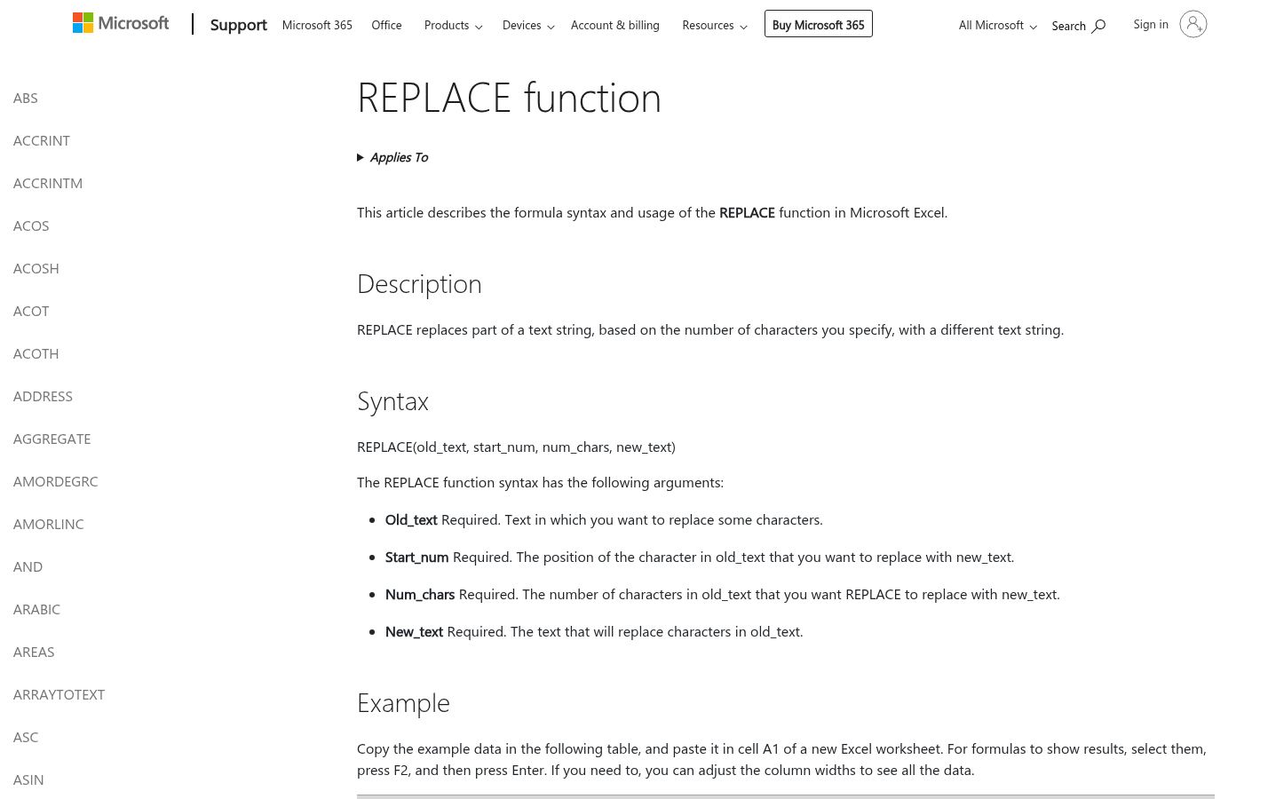 Support: REPLACE function syntax and argument description area