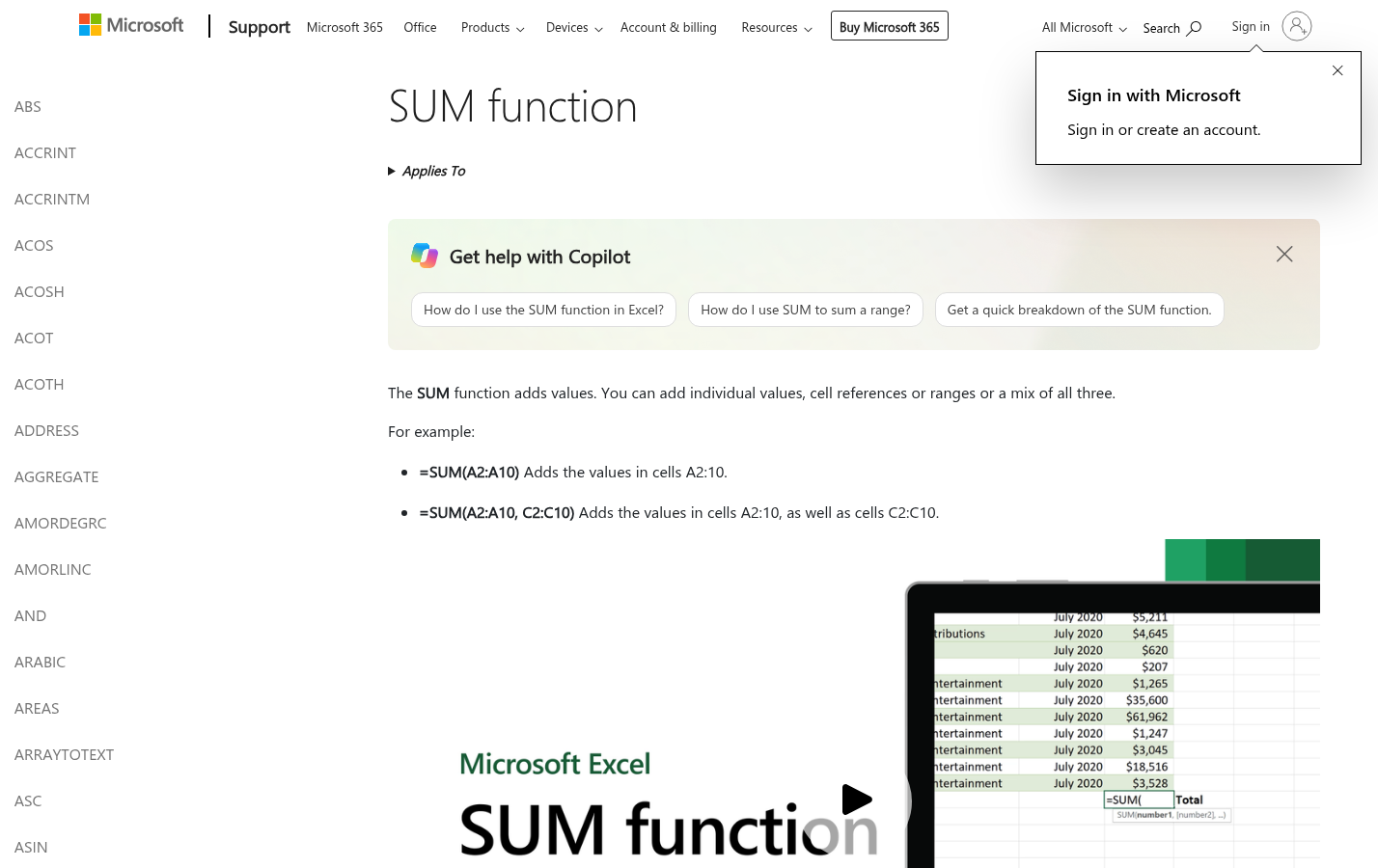 Support: SUM function syntax and a basic range example