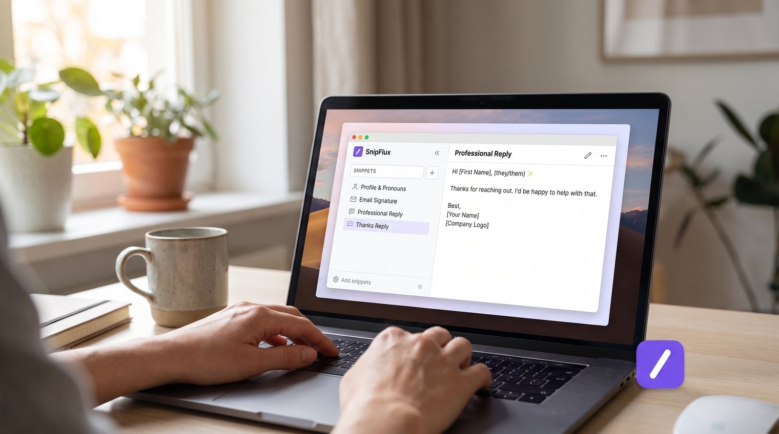 A clean snippet panel with tasteful profile, pronoun, symbol, and emoji text variants beside a professional message template
