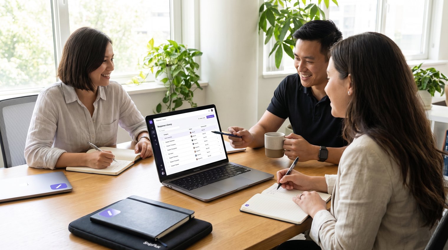 A collaborative team reviewing a well-organized response library with categories, owners, and upcoming review dates on a shared workspace