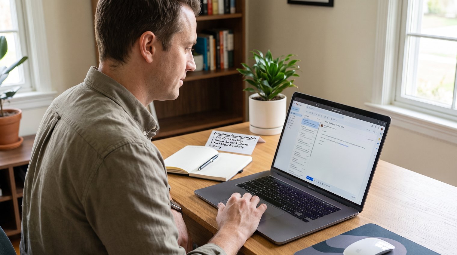 A consultant reviewing a new client inquiry on a laptop while a concise, friendly response template is visible nearby