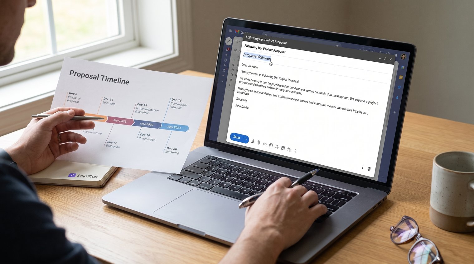 A consultant reviewing a proposal timeline and drafting a concise, friendly follow-up email at a desk