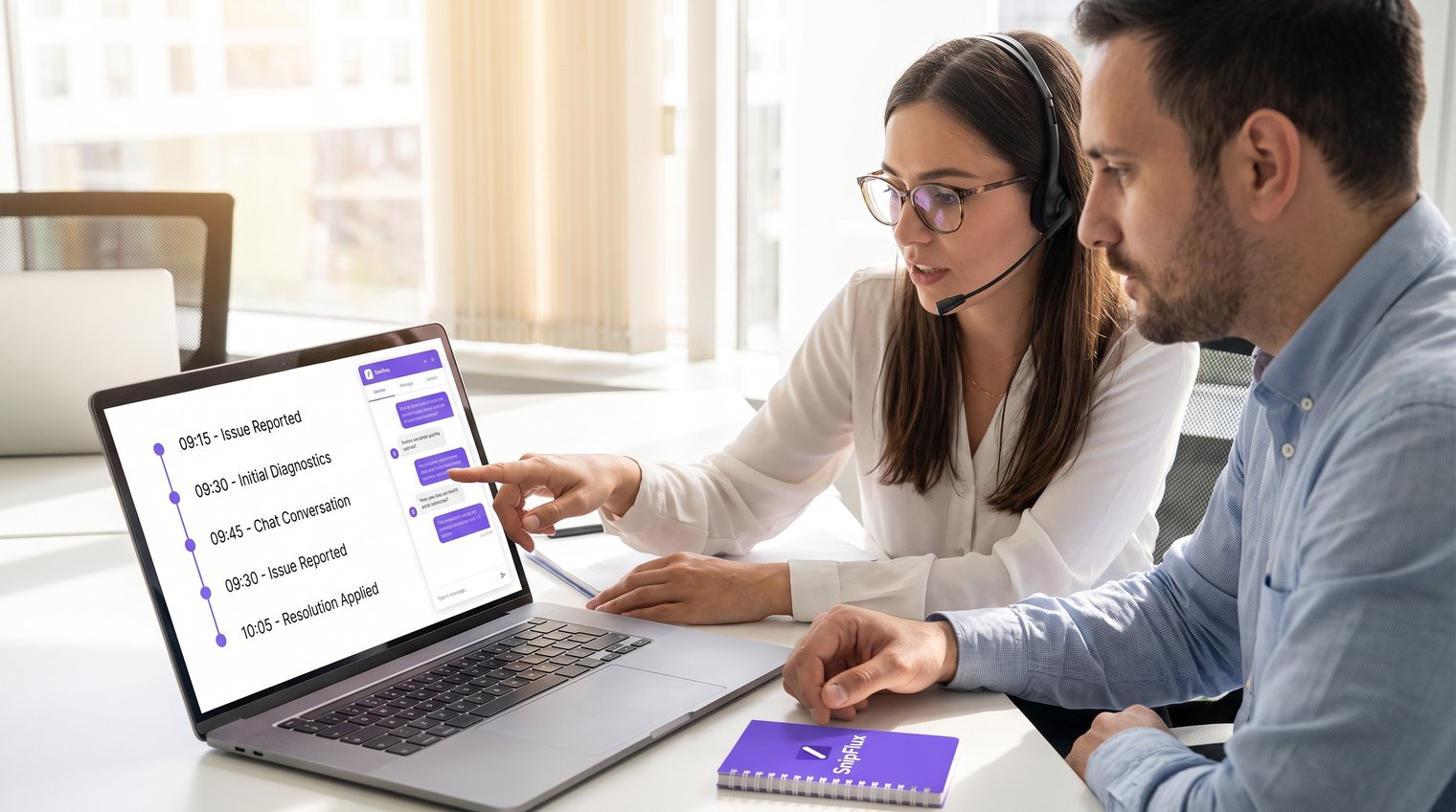 A customer support agent and customer reviewing a simple timeline of a technical issue across a laptop screen and chat conversation, realistic editorial style