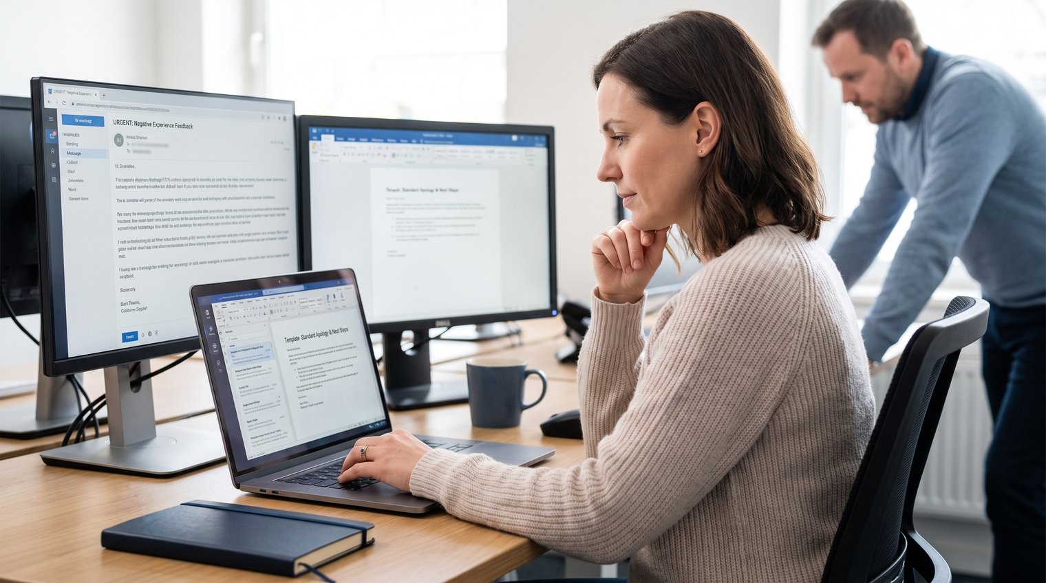 A customer support agent reviewing a critical customer message, with a calm collaborative tone and no visible brand logos