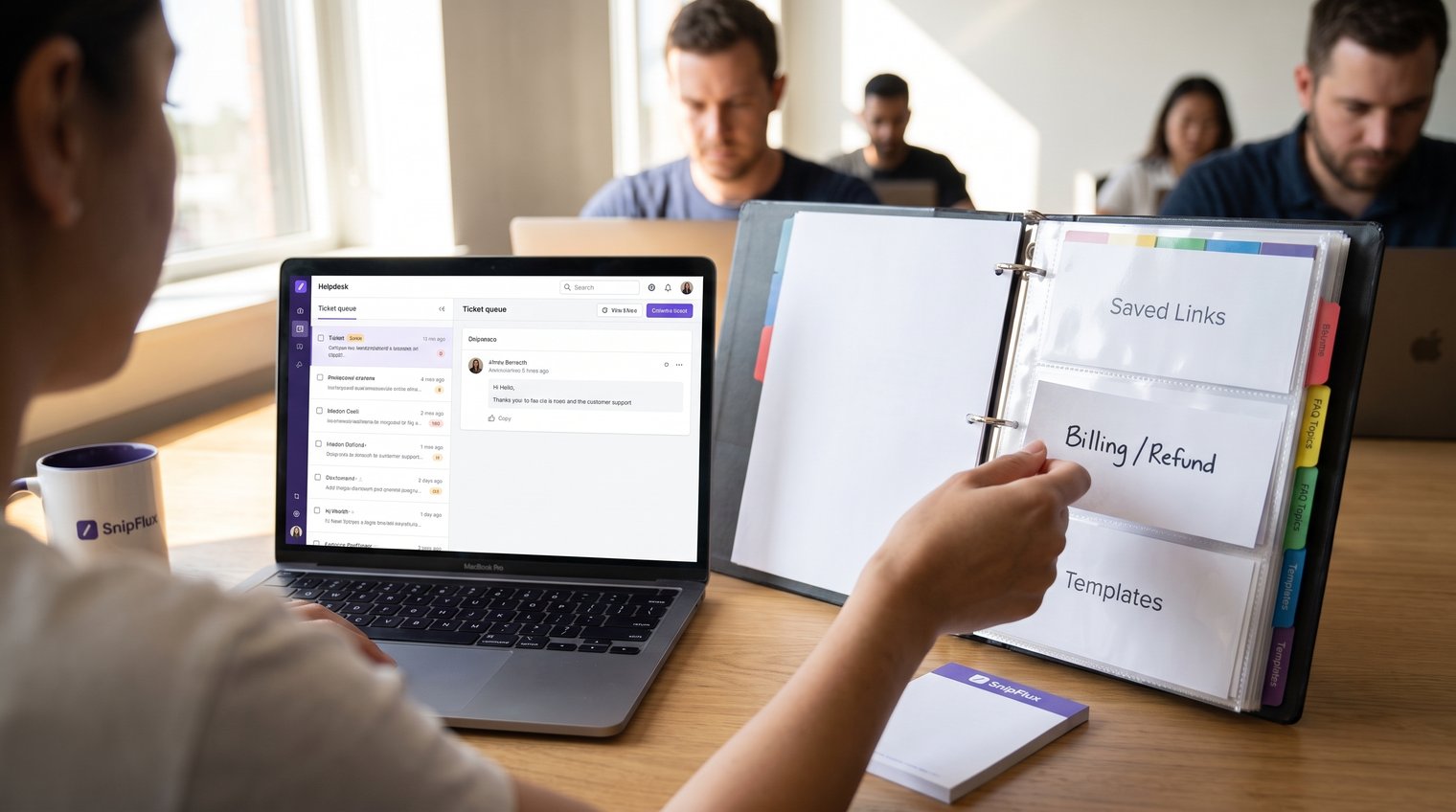 Support agent viewing a categorized shared link library beside a helpdesk