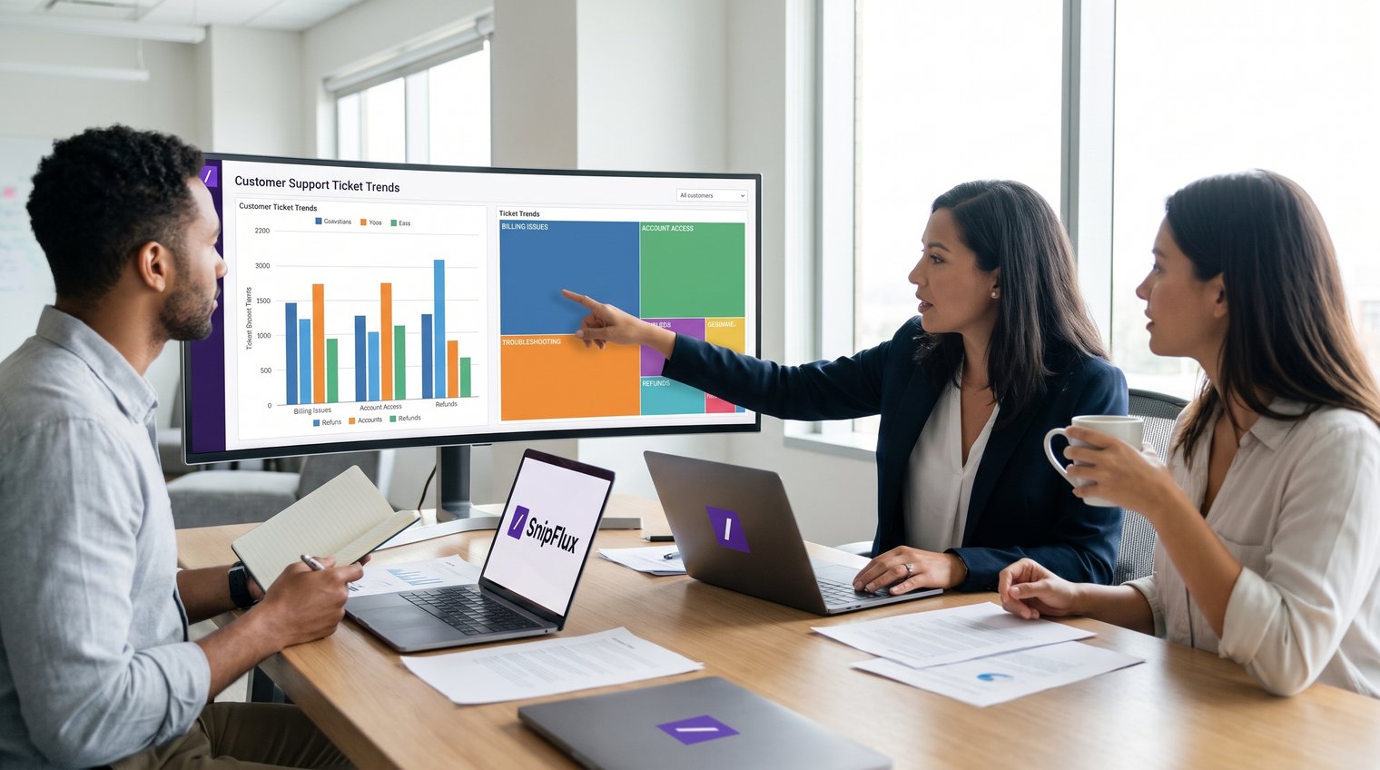 A customer support lead and agents reviewing recurring ticket themes on a shared screen, with grouped categories such as billing, troubleshooting, account access, and refunds
