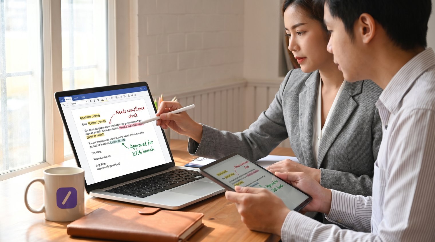A customer support lead and compliance reviewer collaboratively marking up a response template on a laptop, with visible placeholders and approval notes, realistic editorial workplace style