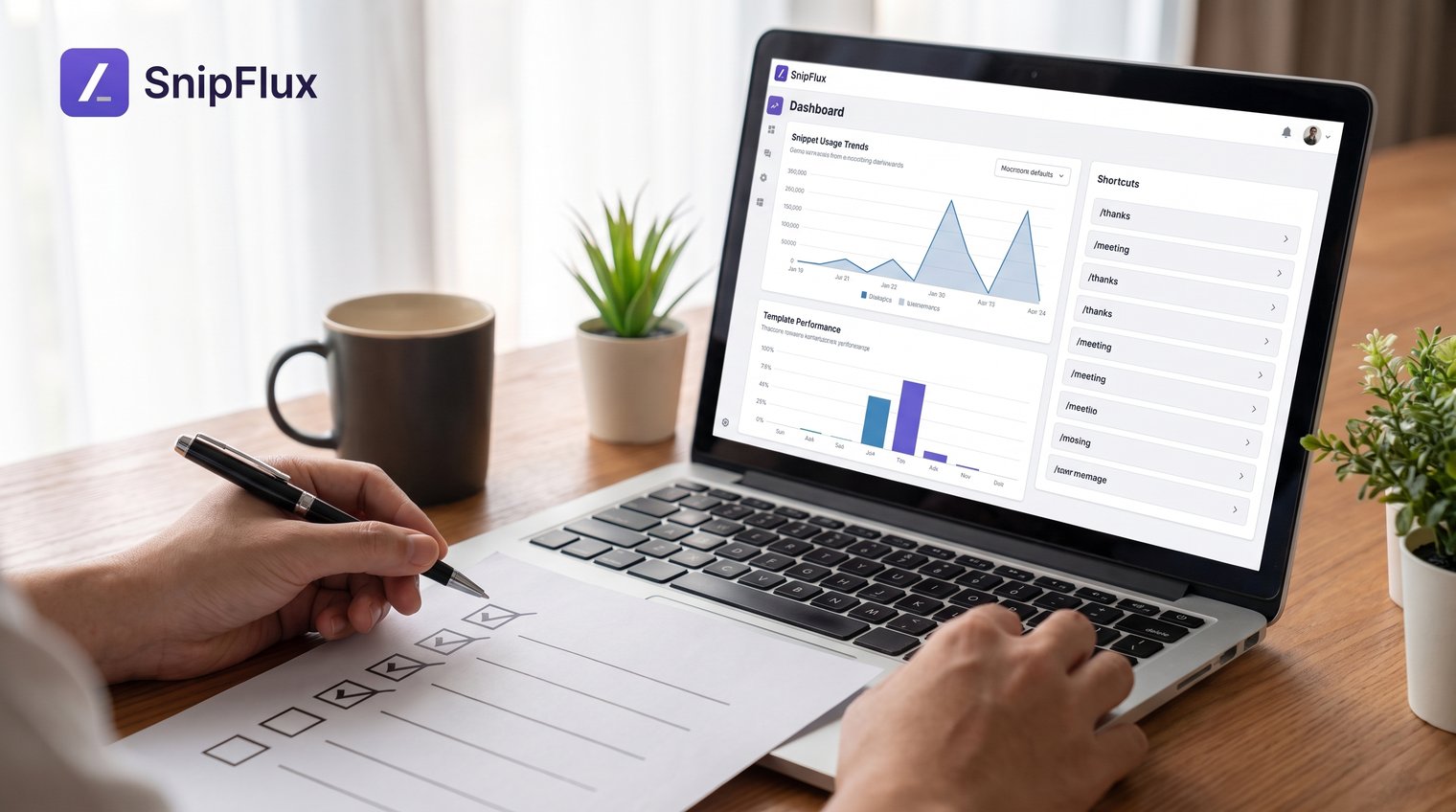 A customer support or operations teammate reviewing a compact template dashboard beside a checklist, with visible but unreadable shortcut labels and usage trends