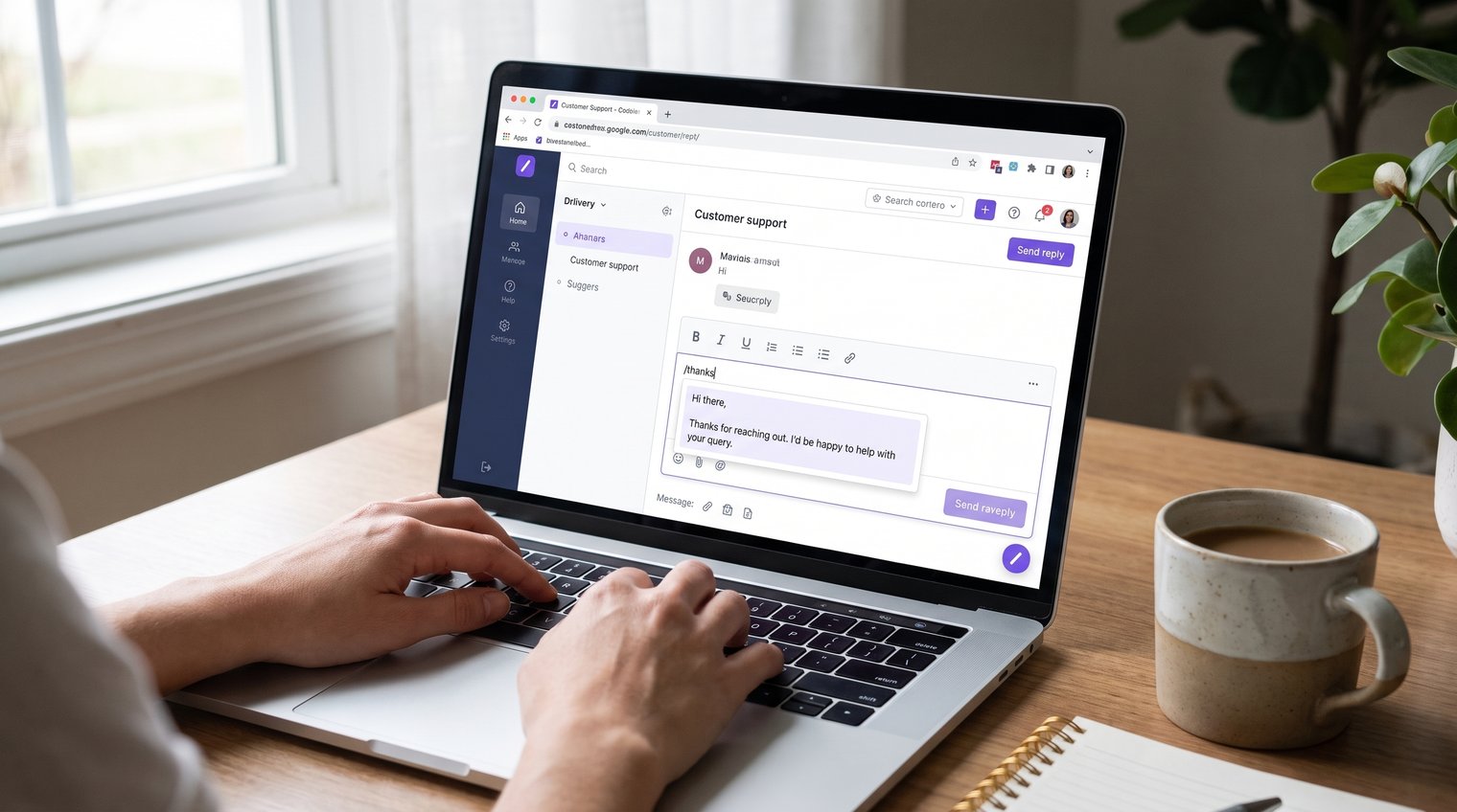 A customer support or sales professional typing a short slash shortcut into a Chrome-based web app, with a saved full reply appearing in the message field