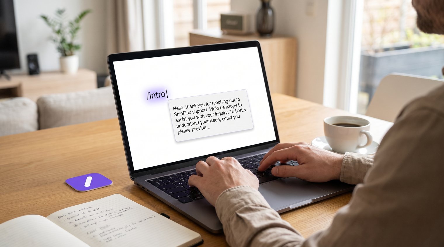 A customer support professional composing a reply on a laptop, with a small shortcut expanding into a long but clearly context-sensitive message in the background