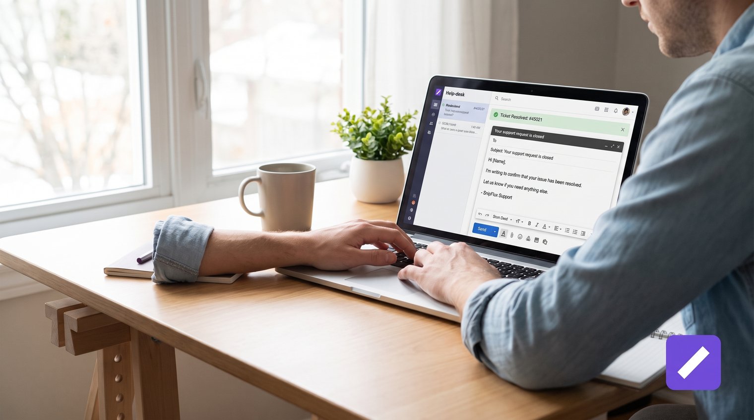 A customer support specialist reviewing a resolved ticket and composing a concise, reassuring closure email in a modern help-desk workspace