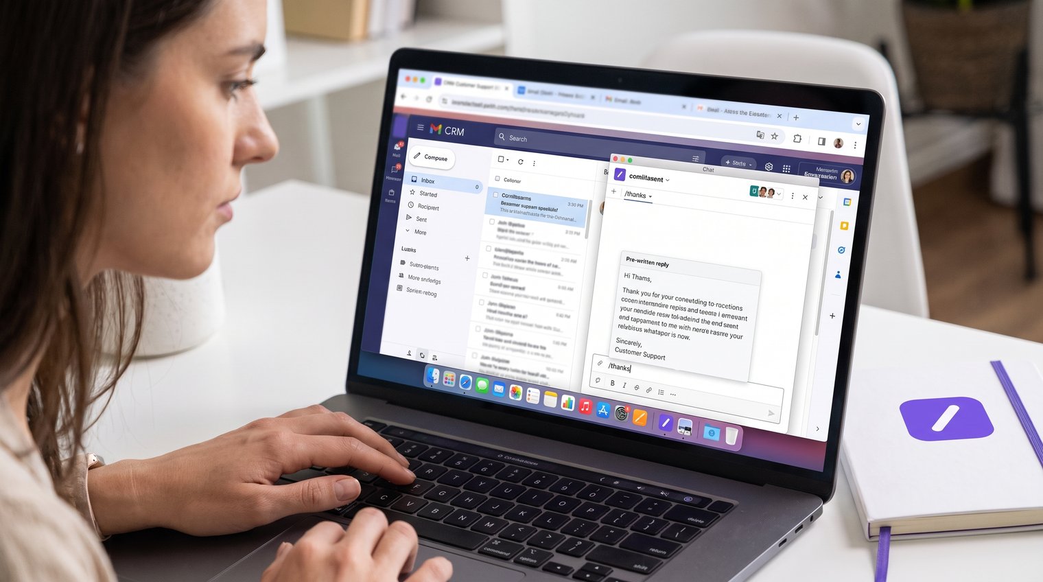 A customer support specialist switching between email, chat, CRM, and browser tabs while using short text commands to insert accurate replies