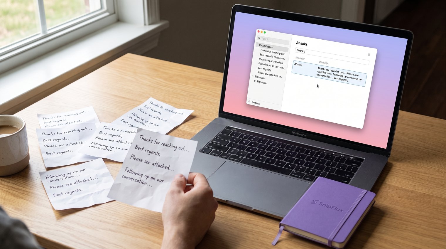 A desk-side workflow showing scattered repeated replies becoming a small, organized digital snippet library