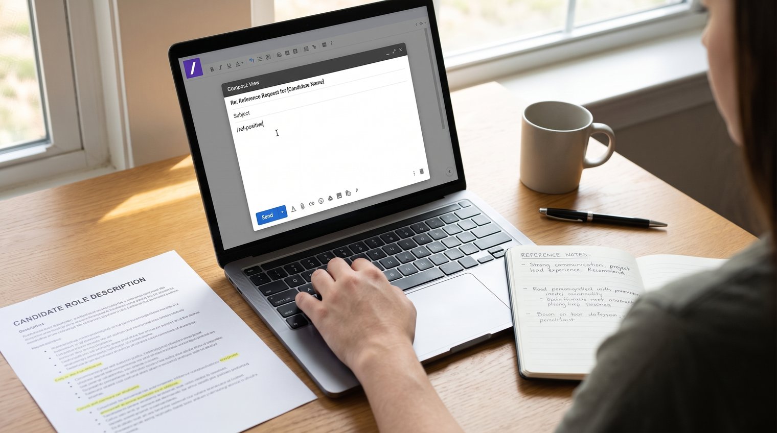 A former manager reviewing a candidate's role description beside concise reference notes before sending a professional email response