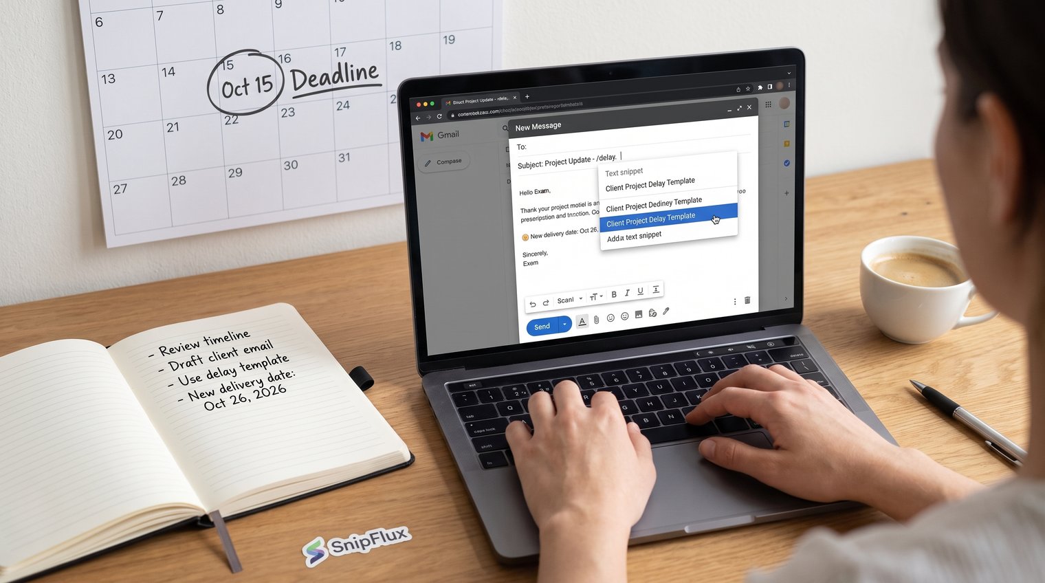 A freelance professional calmly reviewing a project timeline and drafting a client update at a desk, with a visible calendar and task list