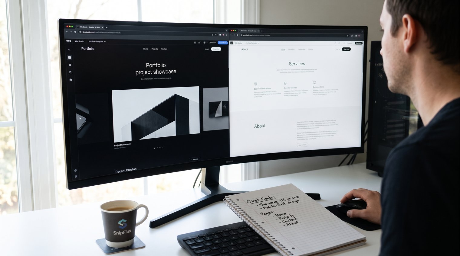 A freelance web designer reviewing two responsive portfolio website layouts on a large monitor, with a notebook listing client goals and required pages, editorial realistic style