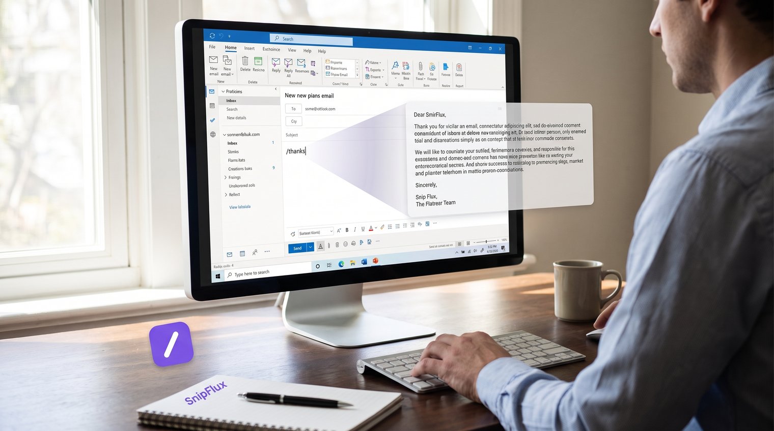 A professional at a desktop drafting an Outlook email, with a subtle visual concept of short commands becoming polished reusable reply text; realistic editorial style, no readable UI text