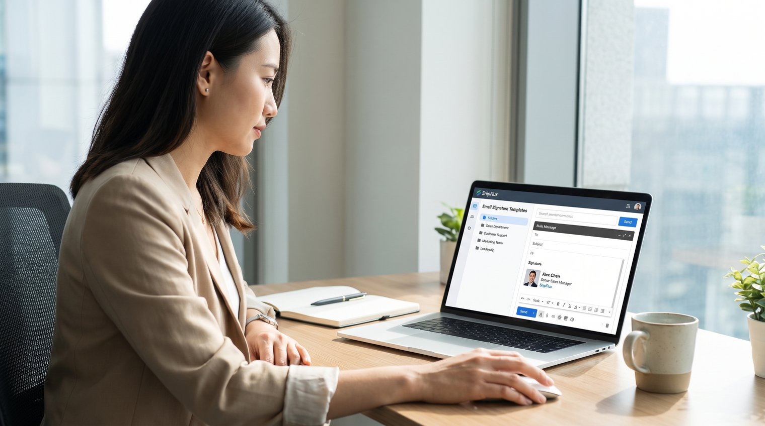 A professional team member reviewing role-specific email signature templates on a laptop, with clean business email interface elements and subtle brand-neutral styling