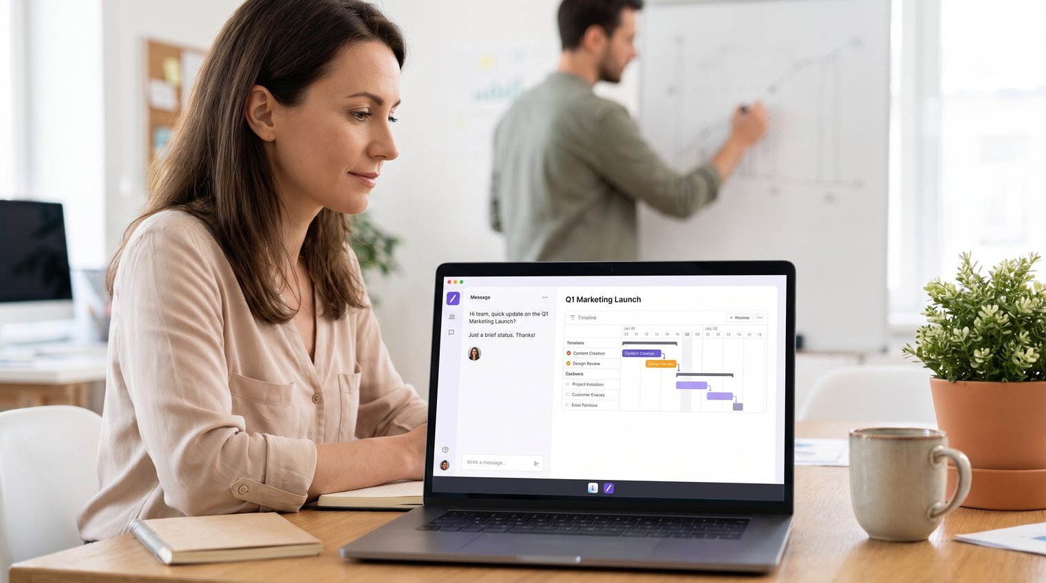 A project manager reviewing a concise project-status message beside a task timeline, calm collaborative office setting