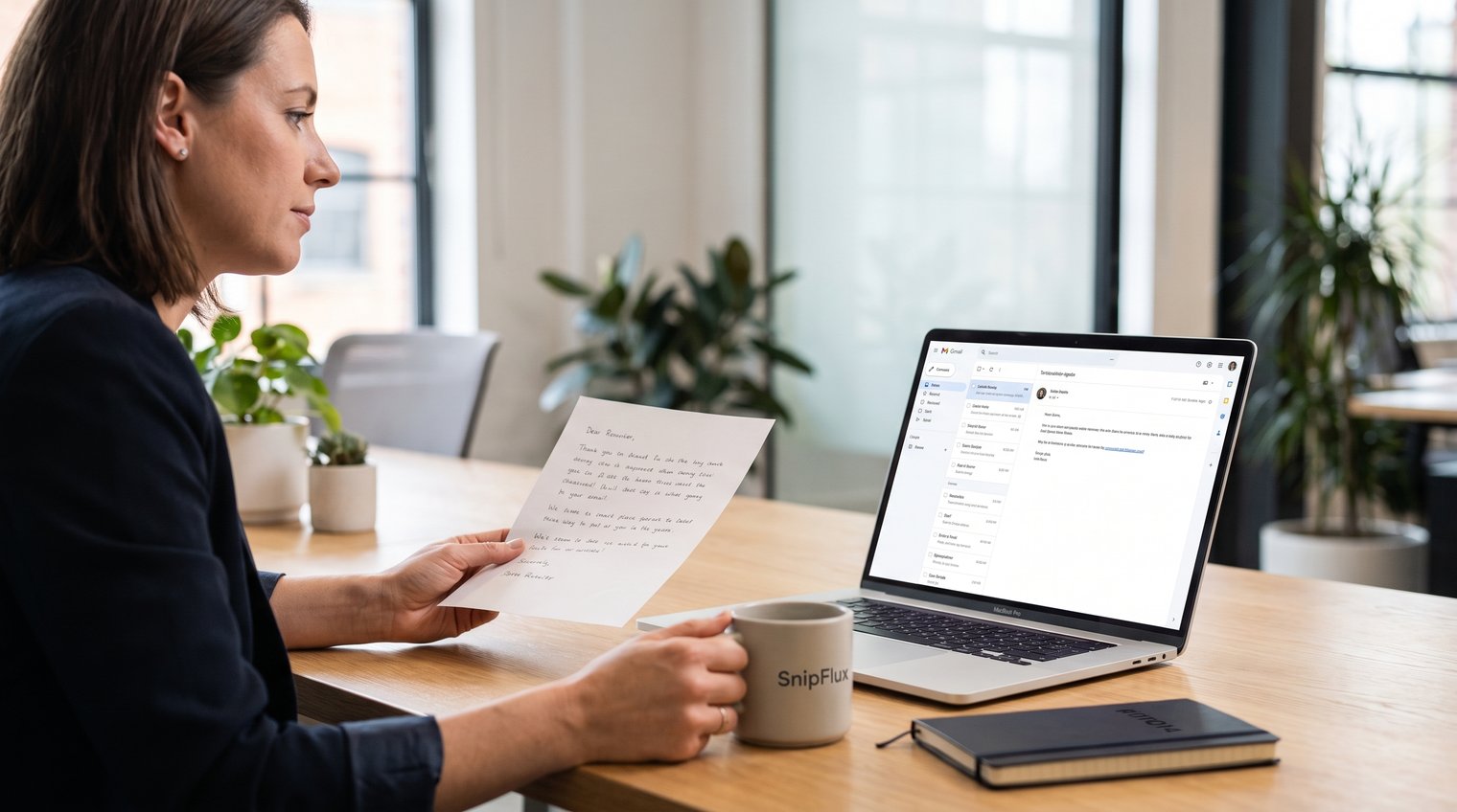 A recruiter at a desk thoughtfully reviewing a candidate interview note before sending a respectful email, modern office setting, no visible brand logos or readable personal data
